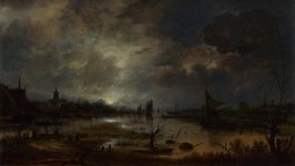 Desktop wallpaper. Aert van der Neer - A River near a Town, by Moonlight