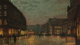Desktop wallpaper. John Atkinson Grimshaw - Boar Lane Leeds by Lamplight