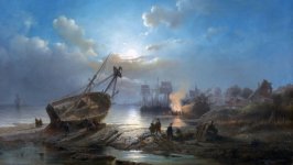 Desktop wallpaper. Henri Adolphe Schaep - Working in the docks at night