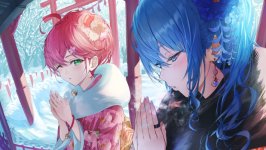 Desktop wallpaper. Hoshimachi Suisei & Sakura Miko
